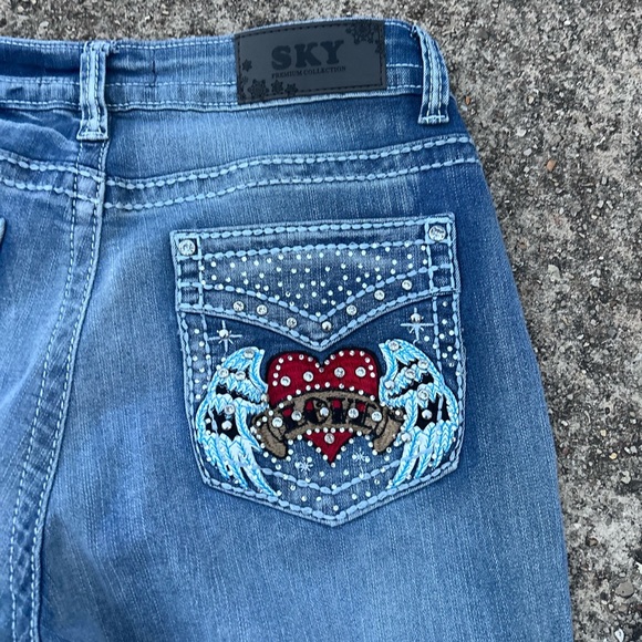 Sky Women's Light Blue Boot Cut Jeans with Red Embroidery and Bling Pockets - Picture 4 of 11